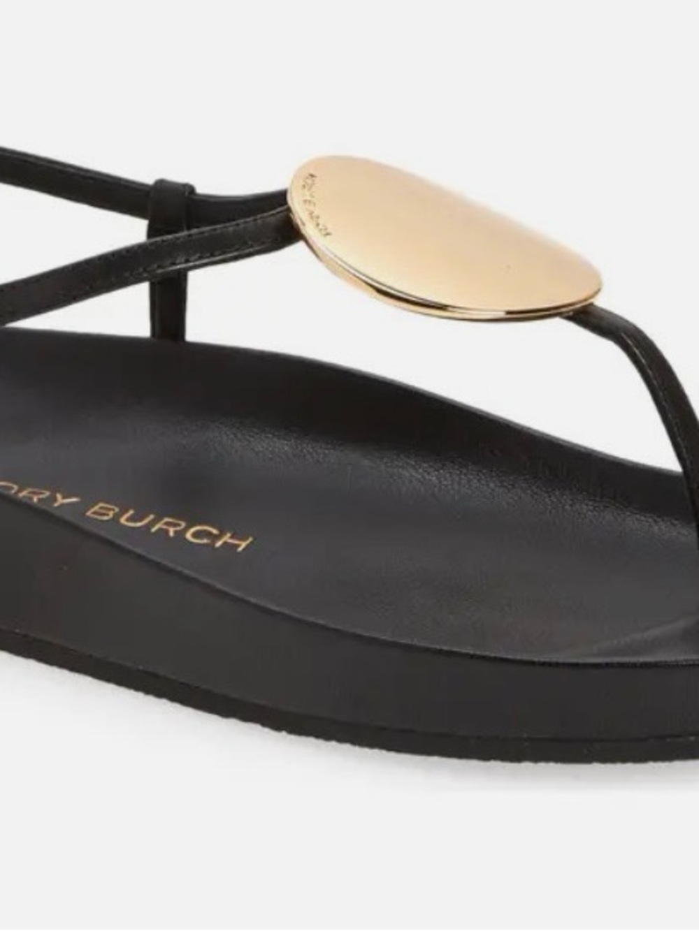 Tory Burch Black Leather Gold-Accented T-Strap Sandal